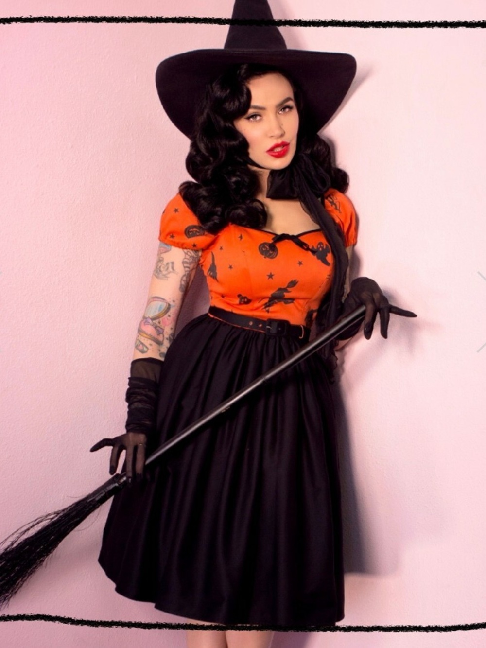 Vixen by Micheline Pitt Orange & Black Witchy Midi Dress